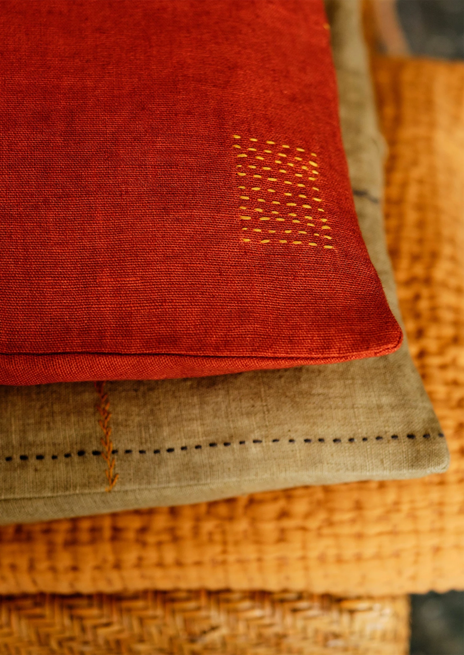 Square Herringbone Embroidered Cushion Cover | Spice 6 Square Herringbone Embroidered Cushion Cover | Spice - Image 4