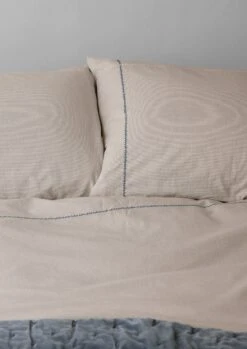 Fine Stripe Cotton Embroidered Pillowcase | Ecru/Smoke Blue -Novesta Store HSDUS12 4