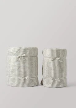 Large Organic Cotton Ticking Stripe Quilt | Soft Grey/Straw -Novesta Store HTQTW16 4