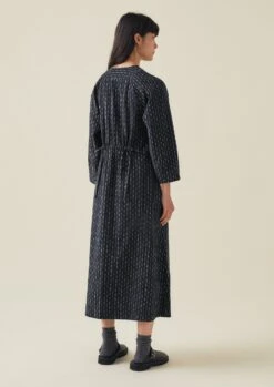 Polka Stripe Ikat Dress | Slate/Ecru -Novesta Store LDRTW07 6