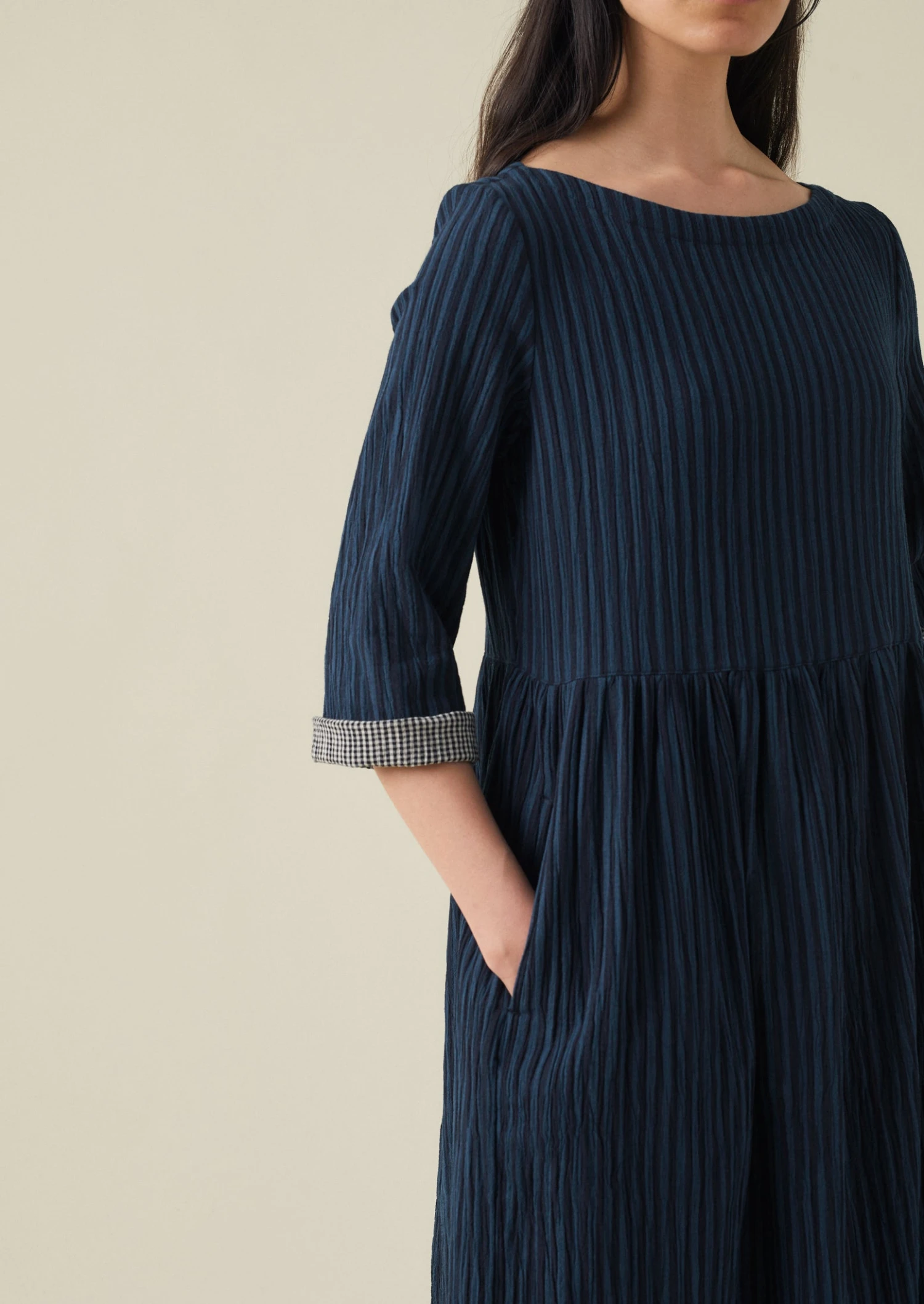 Freya Stripe Crinkle Cotton Dress | Navy 6 Freya Stripe Crinkle Cotton Dress | Navy - Image 4