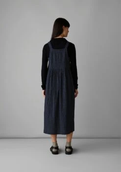 Gathered Waist Crinkled Cotton Pinafore Dress | Navy -Novesta Store LDRTW08 4