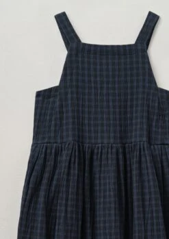 Gathered Waist Crinkled Cotton Pinafore Dress | Navy -Novesta Store LDRTW17 5