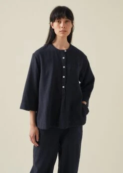 Brushed Cotton Linen Herringbone Shirt | Midnight -Novesta Store LLTTW05 3