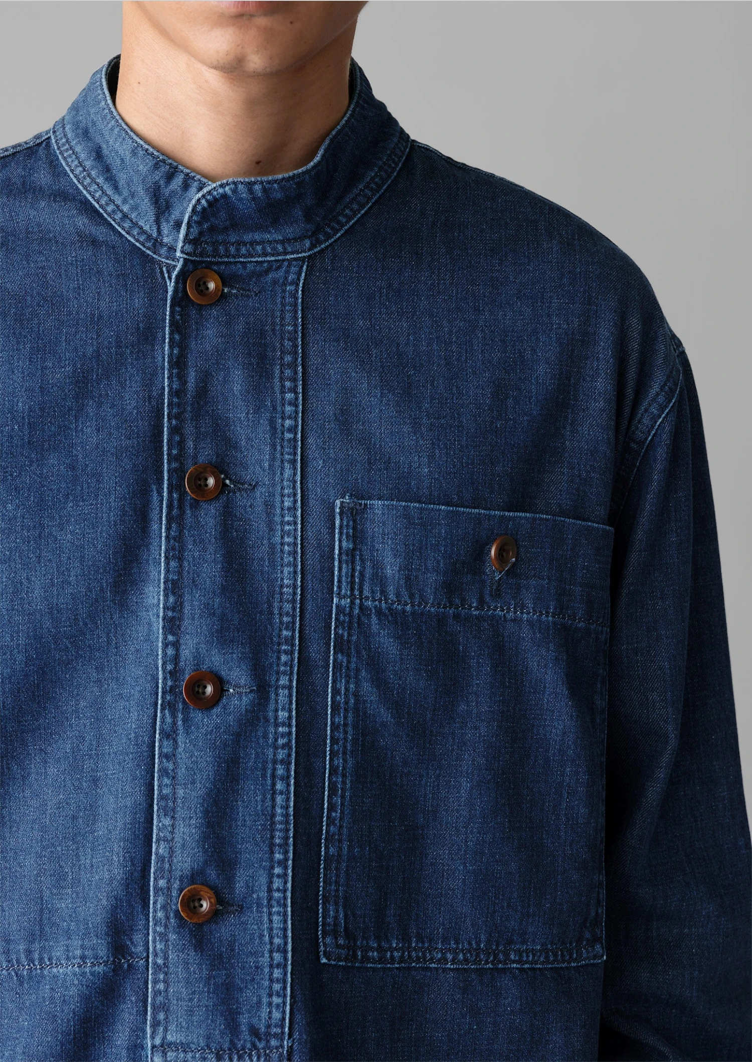 Grandad Collar Half Placket Denim Shirt | Indigo 5 Grandad Collar Half Placket Denim Shirt | Indigo - Image 3