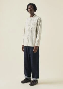 Grandad Collar Stripe Organic Cotton Shirt | Ecru/Khaki -Novesta Store MWTTW08 2