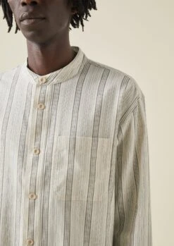 Grandad Collar Stripe Organic Cotton Shirt | Ecru/Khaki -Novesta Store MWTTW08 3