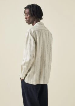Grandad Collar Stripe Organic Cotton Shirt | Ecru/Khaki -Novesta Store MWTTW08 4