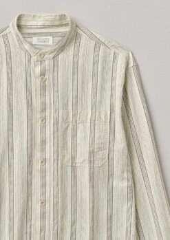 Grandad Collar Stripe Organic Cotton Shirt | Ecru/Khaki -Novesta Store MWTTW08 5