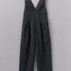 V-Neck Cotton Linen Twill Jumpsuit | Slate -Novesta Store WAOUS11 slate 0