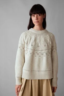 Textured Yoke Wool Cotton Sweater | Bone -Novesta Store WKNUS18 4