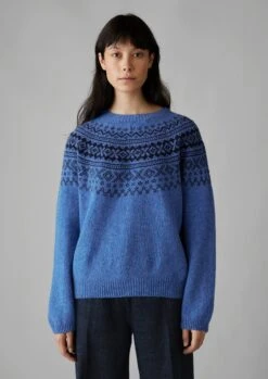 Fair Isle Yoke Wool Sweater | Cornflower/Navy -Novesta Store WKNUS38 7