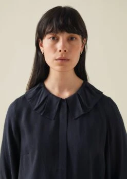 Ruffle Collar Crinkle Twill Shirt | Midnight -Novesta Store WWTTW20 8