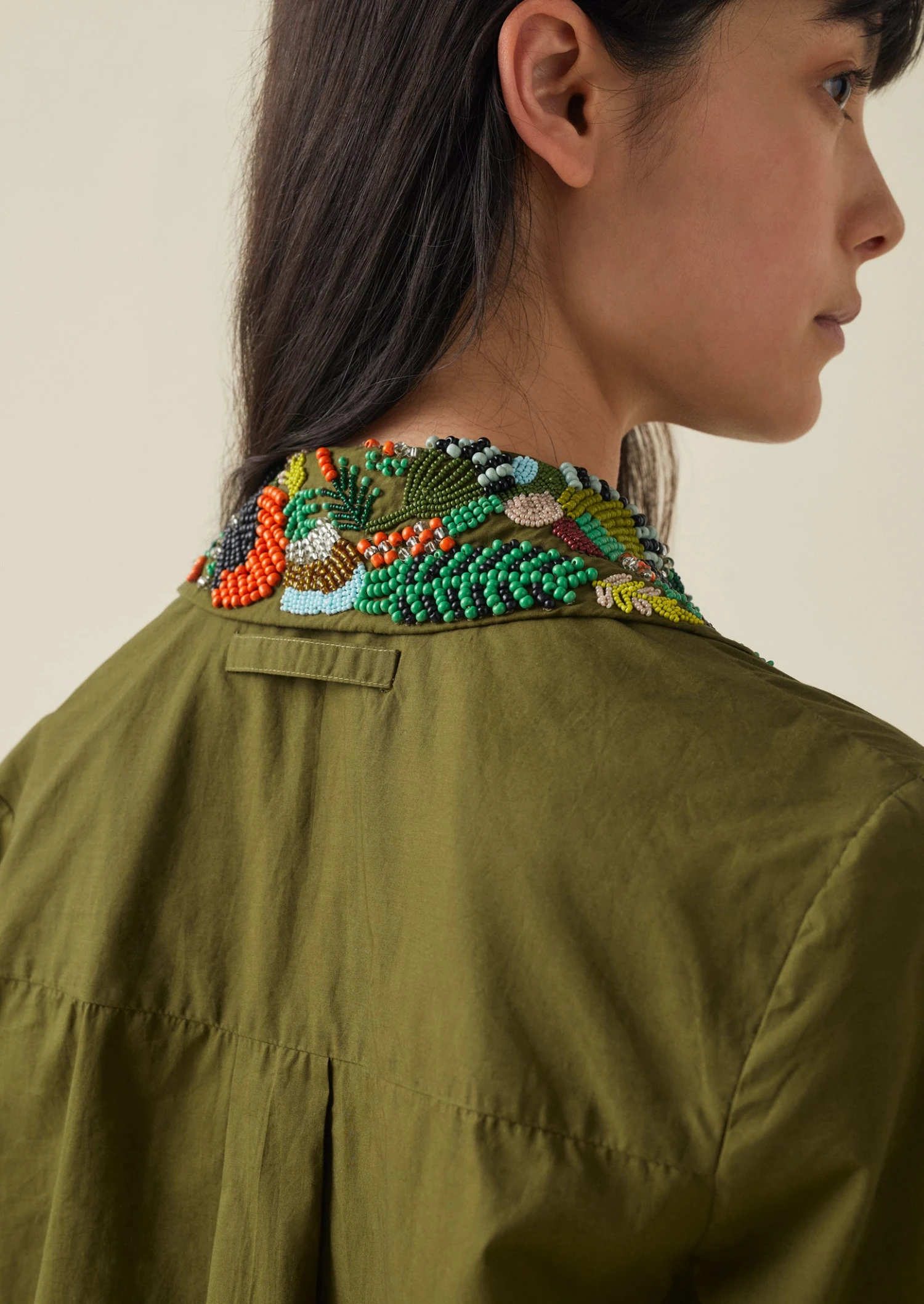 Hand Beaded Poplin PJ Shirt | Rich Olive 6 Hand Beaded Poplin PJ Shirt | Rich Olive - Image 4